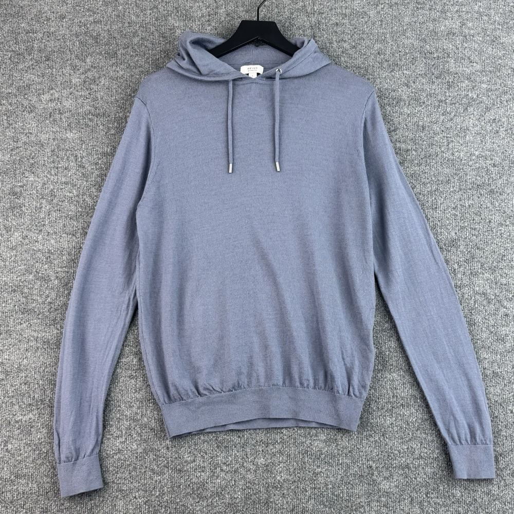 REISS Sweater Hoodie Mens L Blue Gray Luxury Merino Wool Pullover Long Sleeve